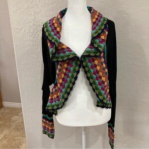 Double Zero Black Long Sleeve Open Front Shrug Cardigan Multicolor Crochet Trim